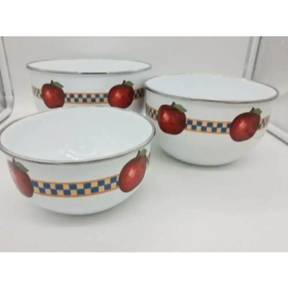 Set of 3 Retro Enamel Metal Nesting Bowls - Fruit Apples Checkered 🍎🍏